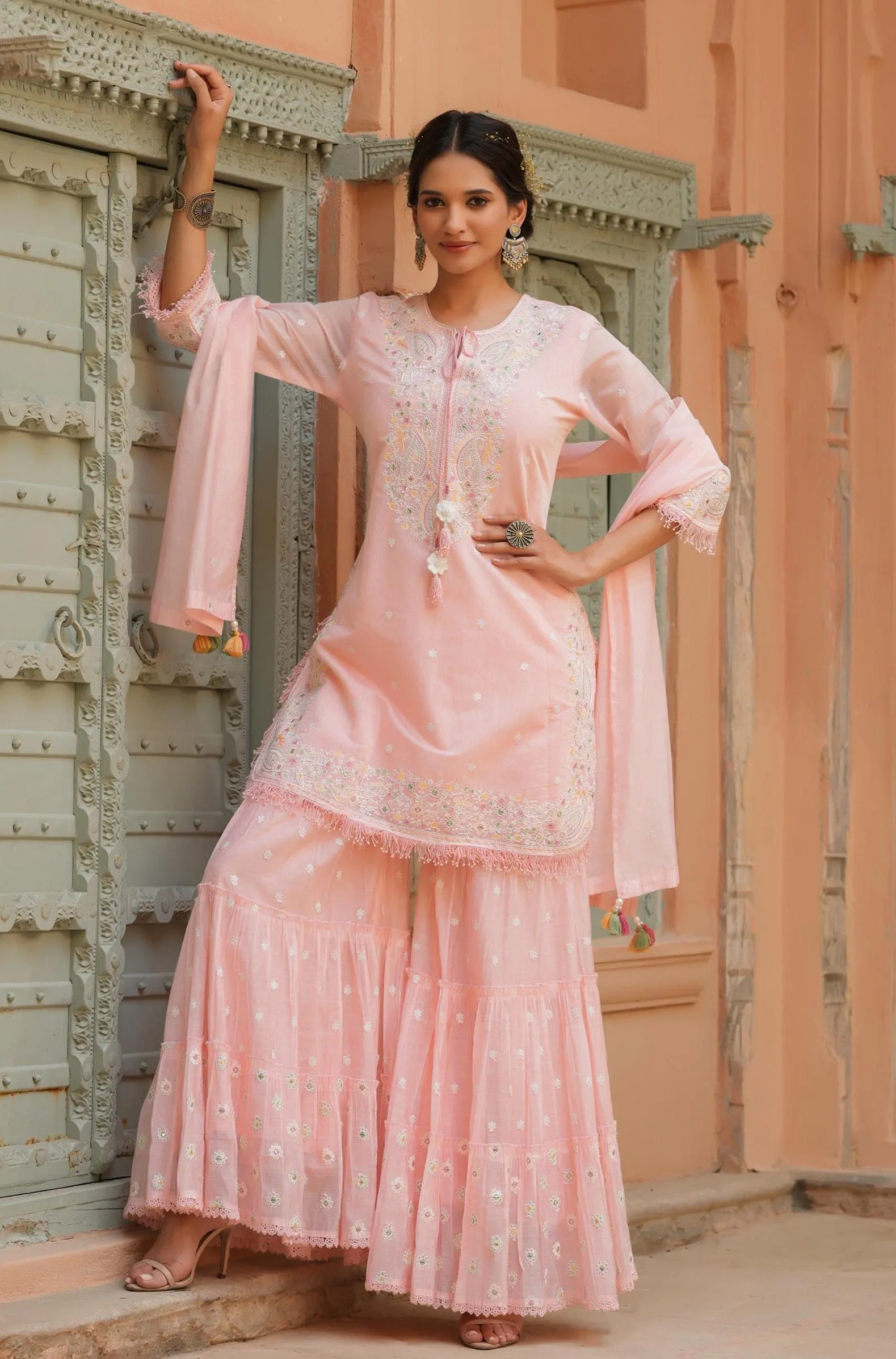 Pink Chanderi Silk Embroidered Kurti Sharara Dupatta Set
