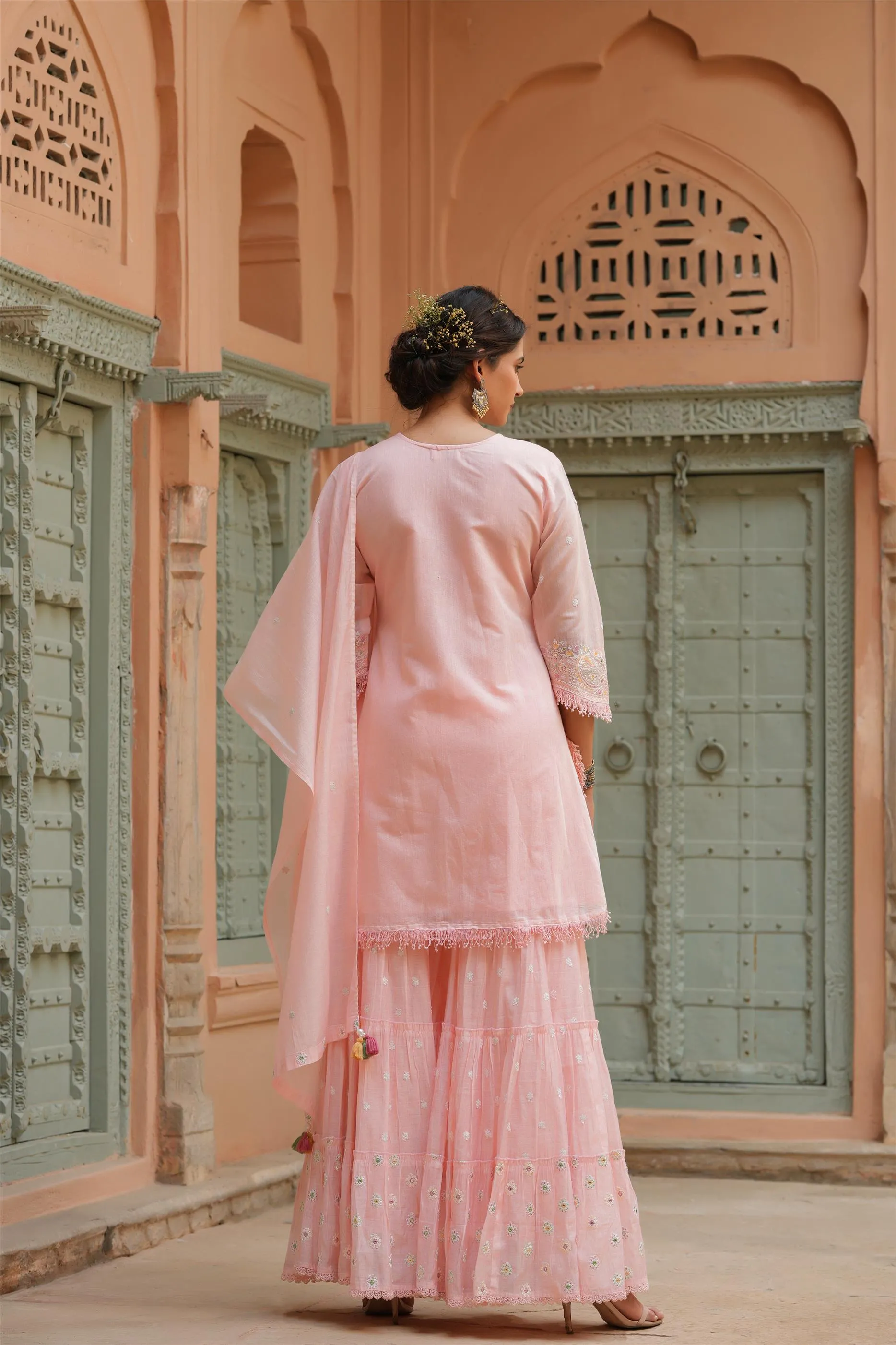 Pink Chanderi Silk Embroidered Kurti Sharara Dupatta Set