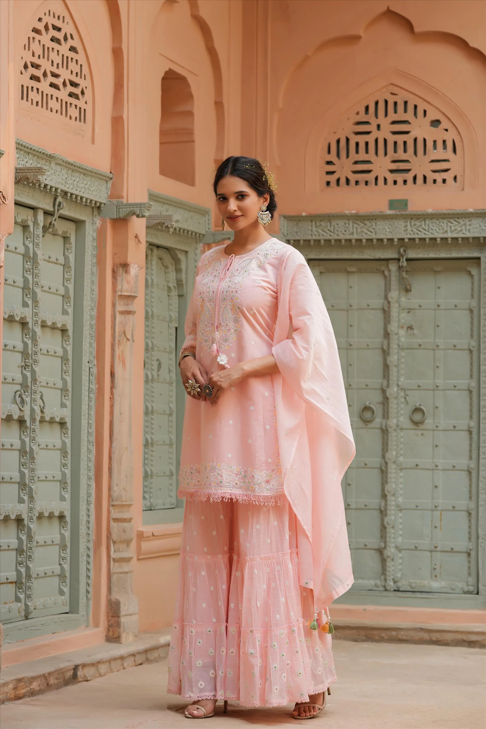 Pink Chanderi Silk Embroidered Kurti Sharara Dupatta Set