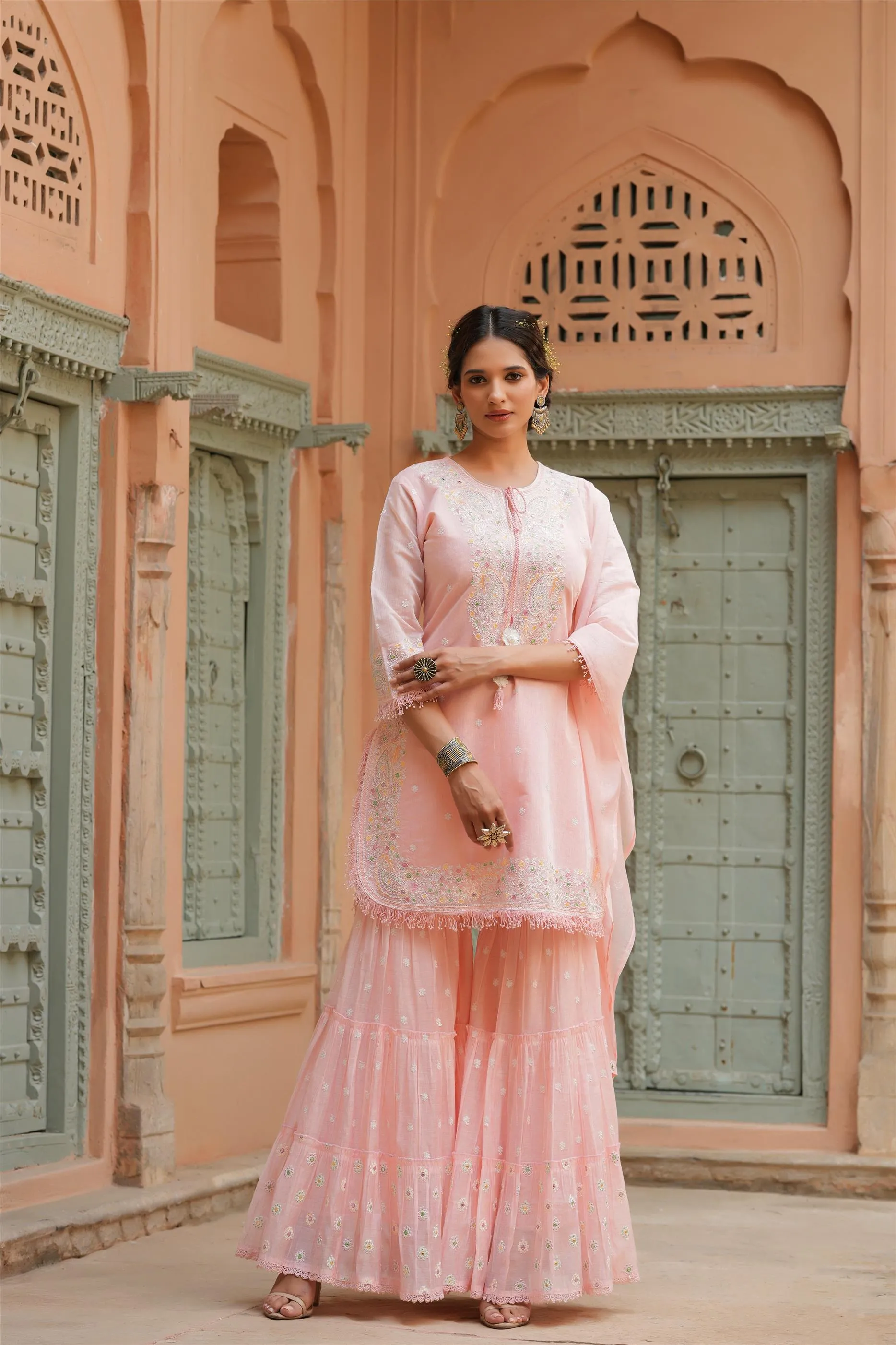 Pink Chanderi Silk Embroidered Kurti Sharara Dupatta Set