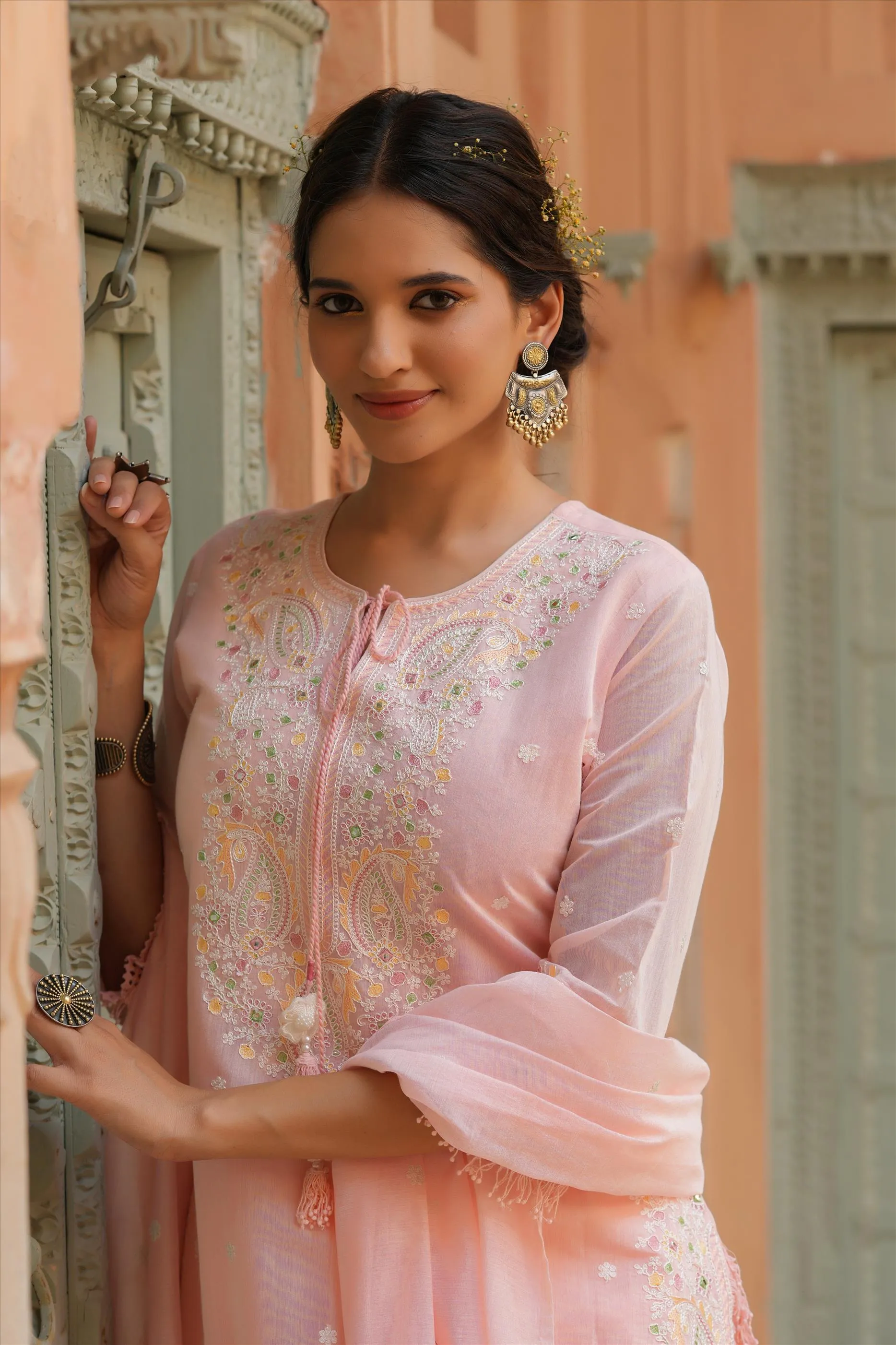 Pink Chanderi Silk Embroidered Kurti Sharara Dupatta Set