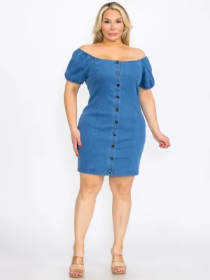 PLUS SIZE SHORT SLEEVE BUTTON CLOSURE BODYCON DENIM MINI DRESS