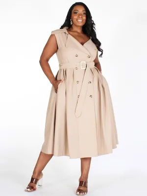 PLUS SIZE SLEEVELESS BUTTON CLOSURE POCKETS BELTED MIDI DRESS