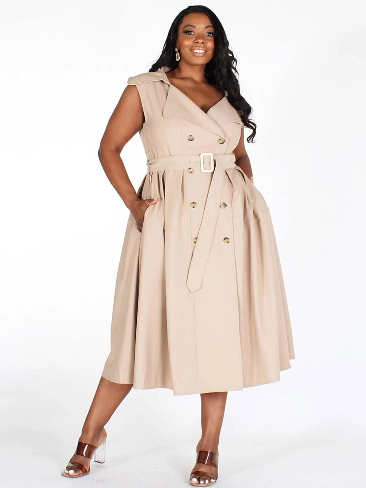 PLUS SIZE SLEEVELESS BUTTON CLOSURE POCKETS BELTED MIDI DRESS