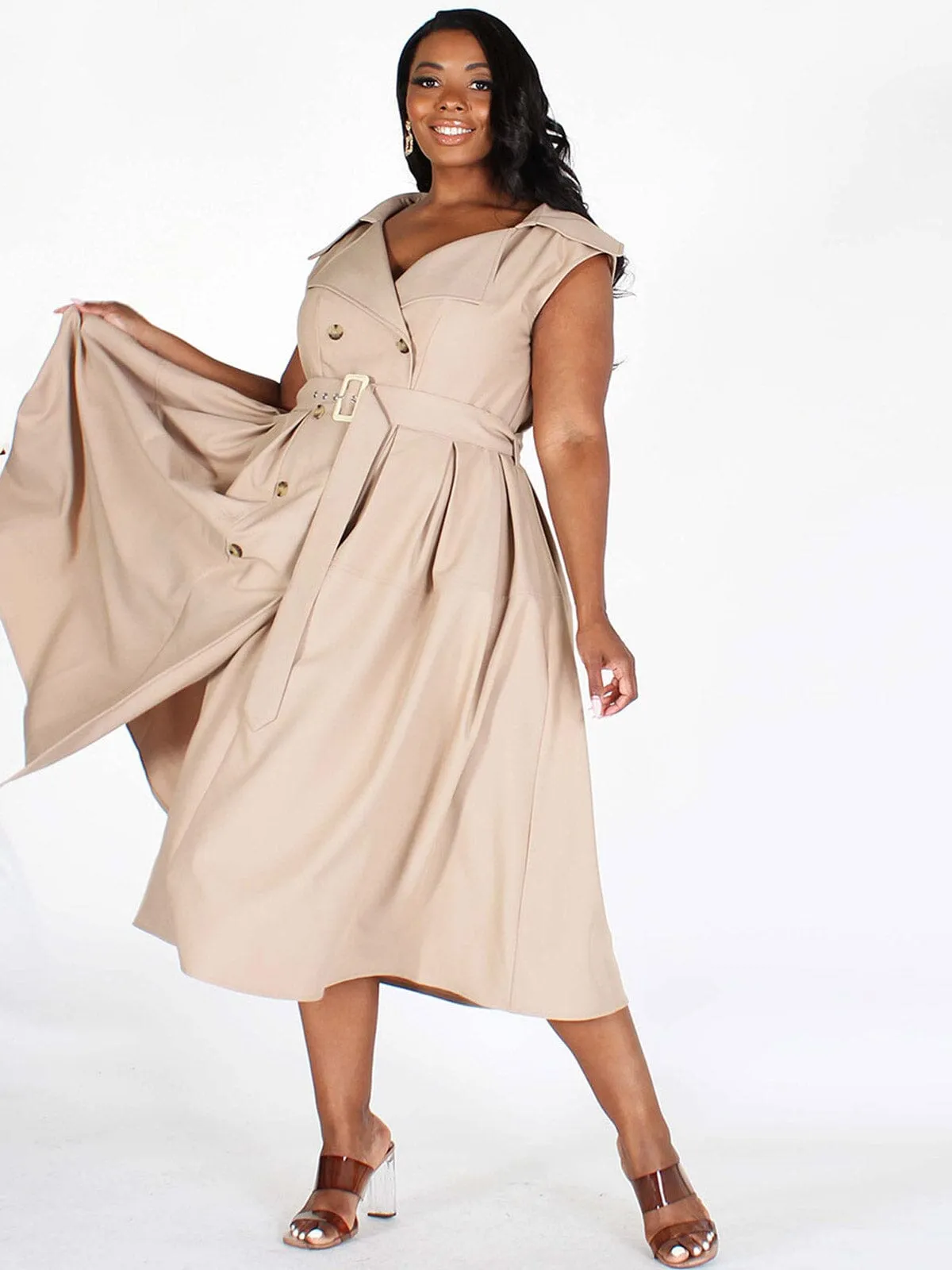 PLUS SIZE SLEEVELESS BUTTON CLOSURE POCKETS BELTED MIDI DRESS