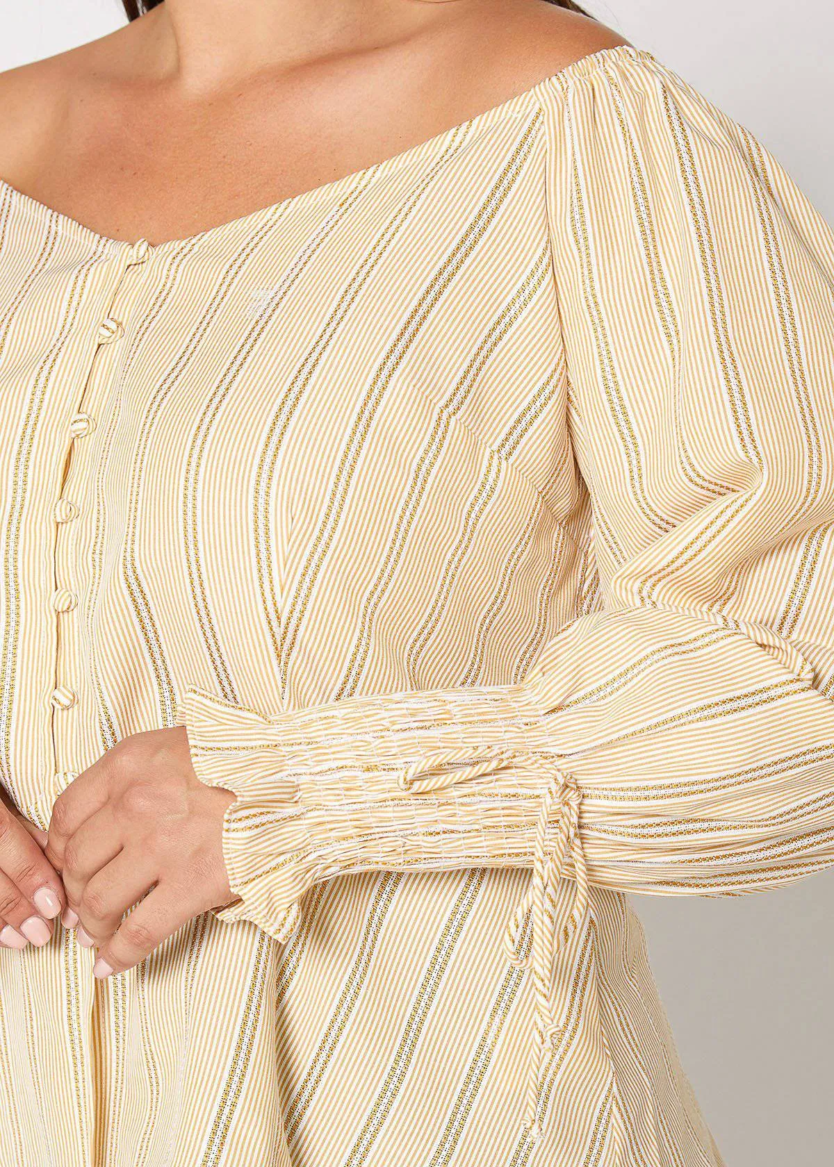 Plus Size Smocked Sleeve Wrap Blouse in Yellow by Shop at Konus