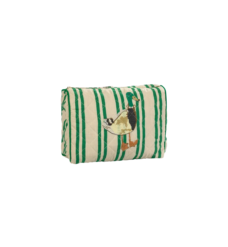Posh Mallard Quilted Wash Bag | Beige - Emerald  Striped