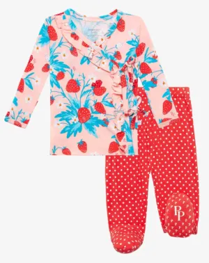 Posh Peanut Strawberry Tie Front Ruffle Kimono Set