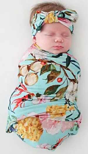 Posh Peanut Tuscan Teal (Aqua/Pink) Floral Swaddle & Headband Set