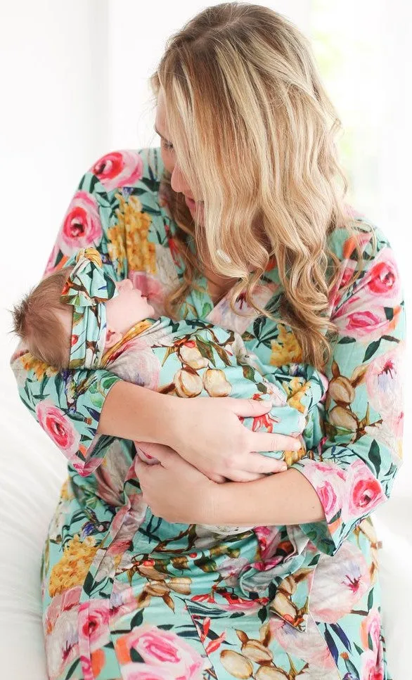 Posh Peanut Tuscan Teal (Aqua/Pink) Floral Swaddle & Headband Set