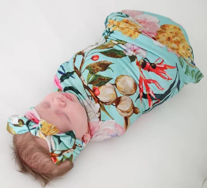 Posh Peanut Tuscan Teal (Aqua/Pink) Floral Swaddle & Headband Set