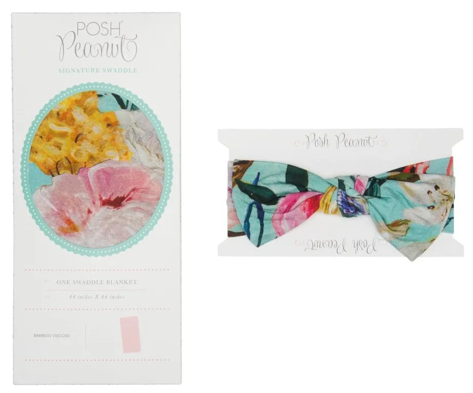 Posh Peanut Tuscan Teal (Aqua/Pink) Floral Swaddle & Headband Set