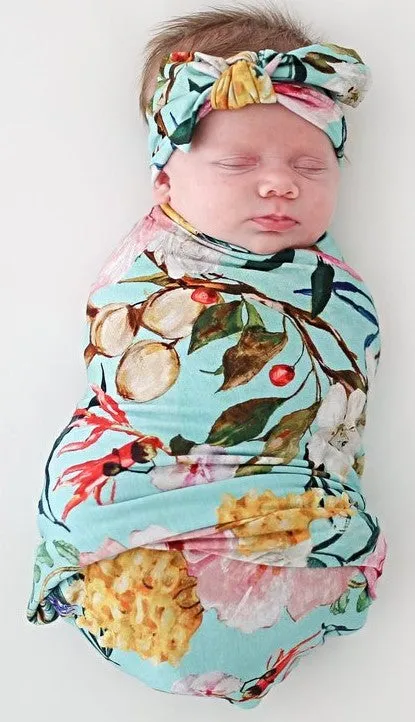 Posh Peanut Tuscan Teal (Aqua/Pink) Floral Swaddle & Headband Set