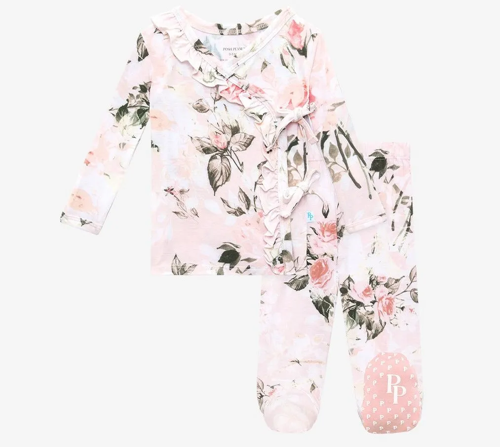 Posh Peanut Vintage Pink Rose Tie Front Ruffle Kimono Set