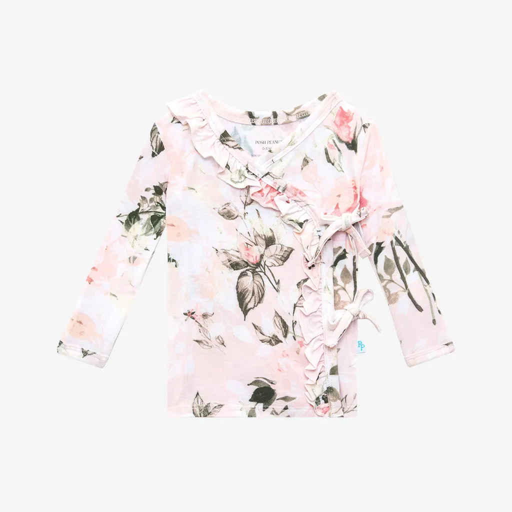 Posh Peanut Vintage Pink Rose Tie Front Ruffle Kimono Set