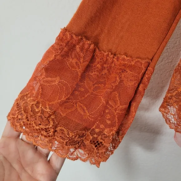 PRETTY ANGEL terracotta linen blend ruffle collar lace tulle trim cardigan