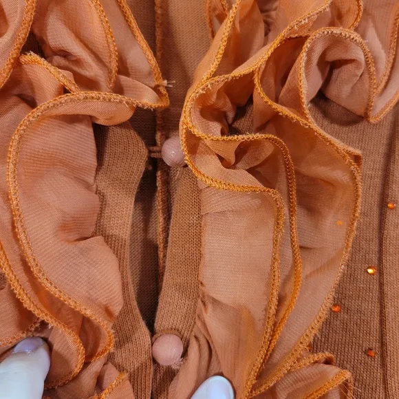 PRETTY ANGEL terracotta linen blend ruffle collar lace tulle trim cardigan