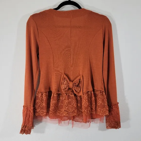 PRETTY ANGEL terracotta linen blend ruffle collar lace tulle trim cardigan