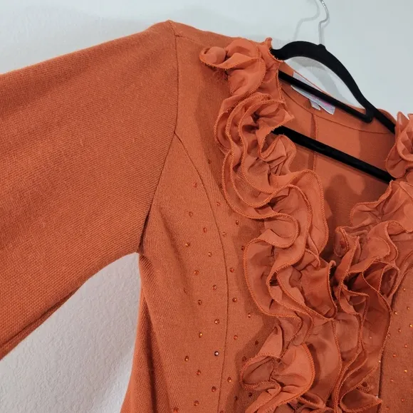 PRETTY ANGEL terracotta linen blend ruffle collar lace tulle trim cardigan