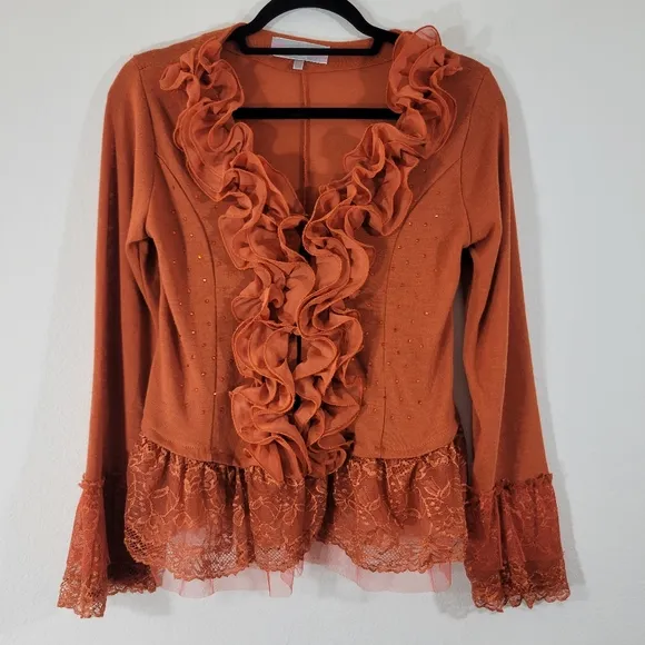 PRETTY ANGEL terracotta linen blend ruffle collar lace tulle trim cardigan