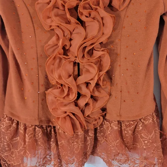 PRETTY ANGEL terracotta linen blend ruffle collar lace tulle trim cardigan