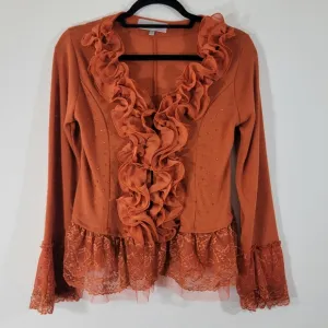 PRETTY ANGEL terracotta linen blend ruffle collar lace tulle trim cardigan