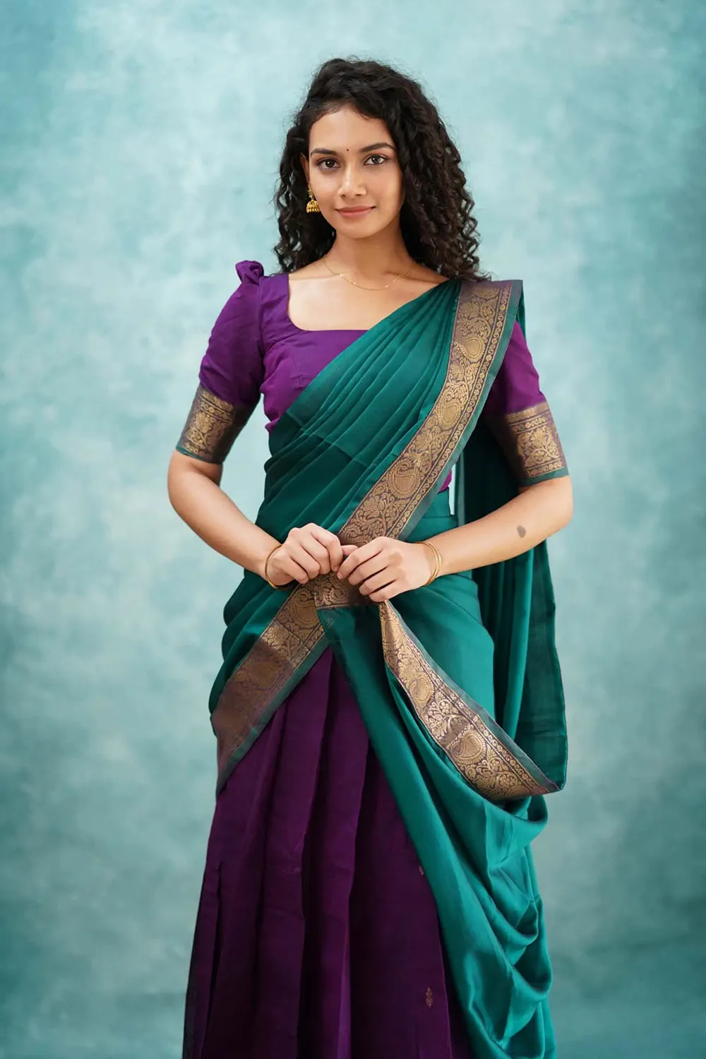 Purple & Green Designer Cotton Silk Jacquard Half Lehenga Saree