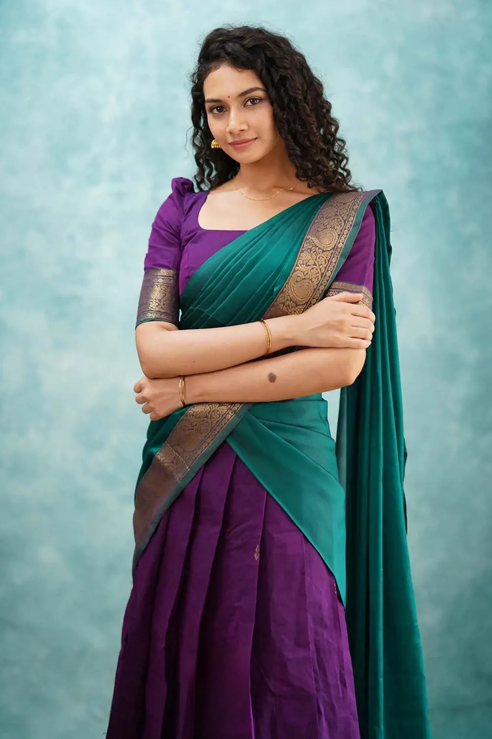 Purple & Green Designer Cotton Silk Jacquard Half Lehenga Saree