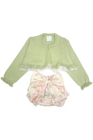 "Amara" Pistachio Tulle Cardigan & Floral Bloomers