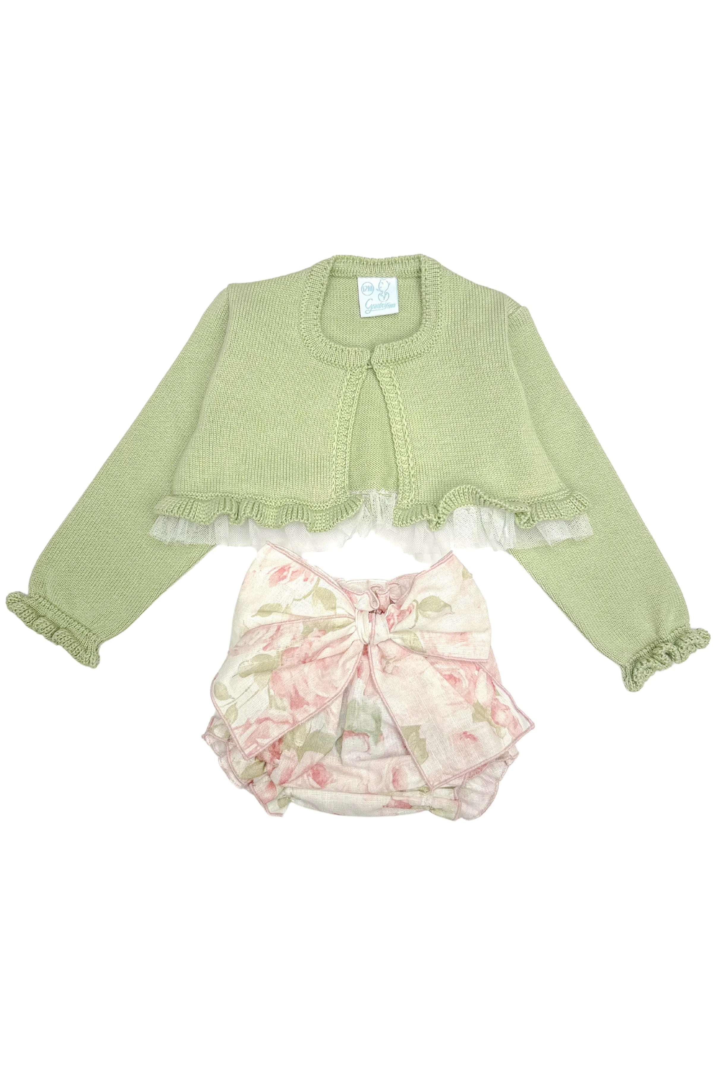 "Amara" Pistachio Tulle Cardigan & Floral Bloomers