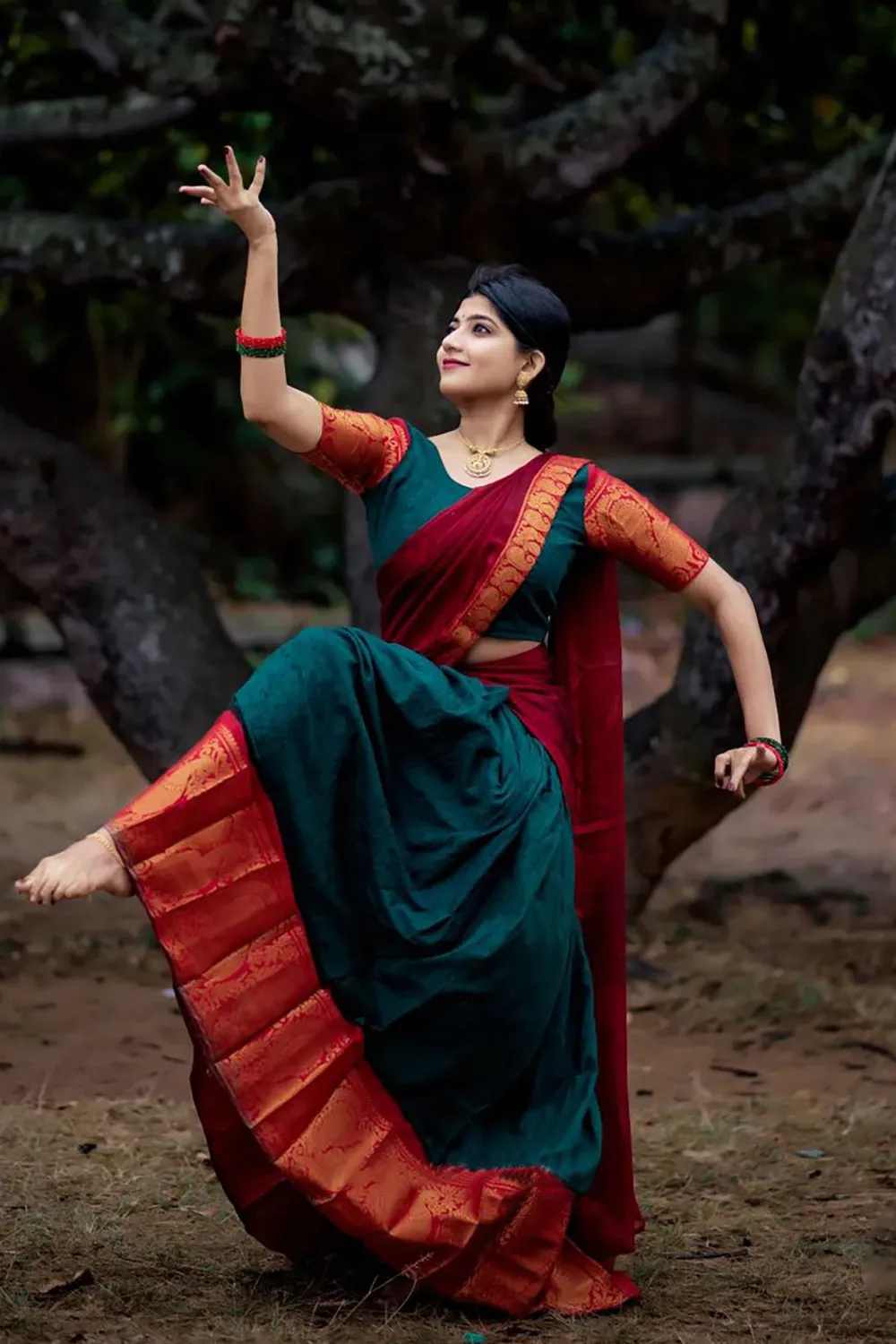 Red & Green Premium Cotton Silk Jacquard Half Lehenga Saree