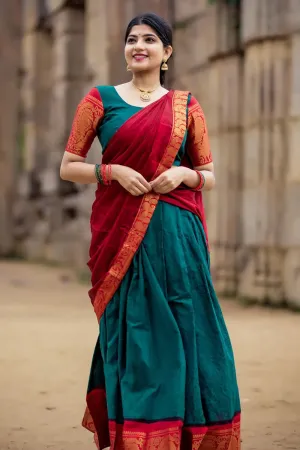 Red & Green Premium Cotton Silk Jacquard Half Lehenga Saree