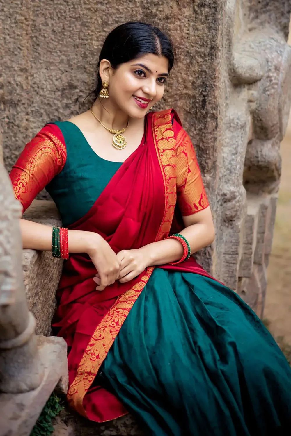 Red & Green Premium Cotton Silk Jacquard Half Lehenga Saree
