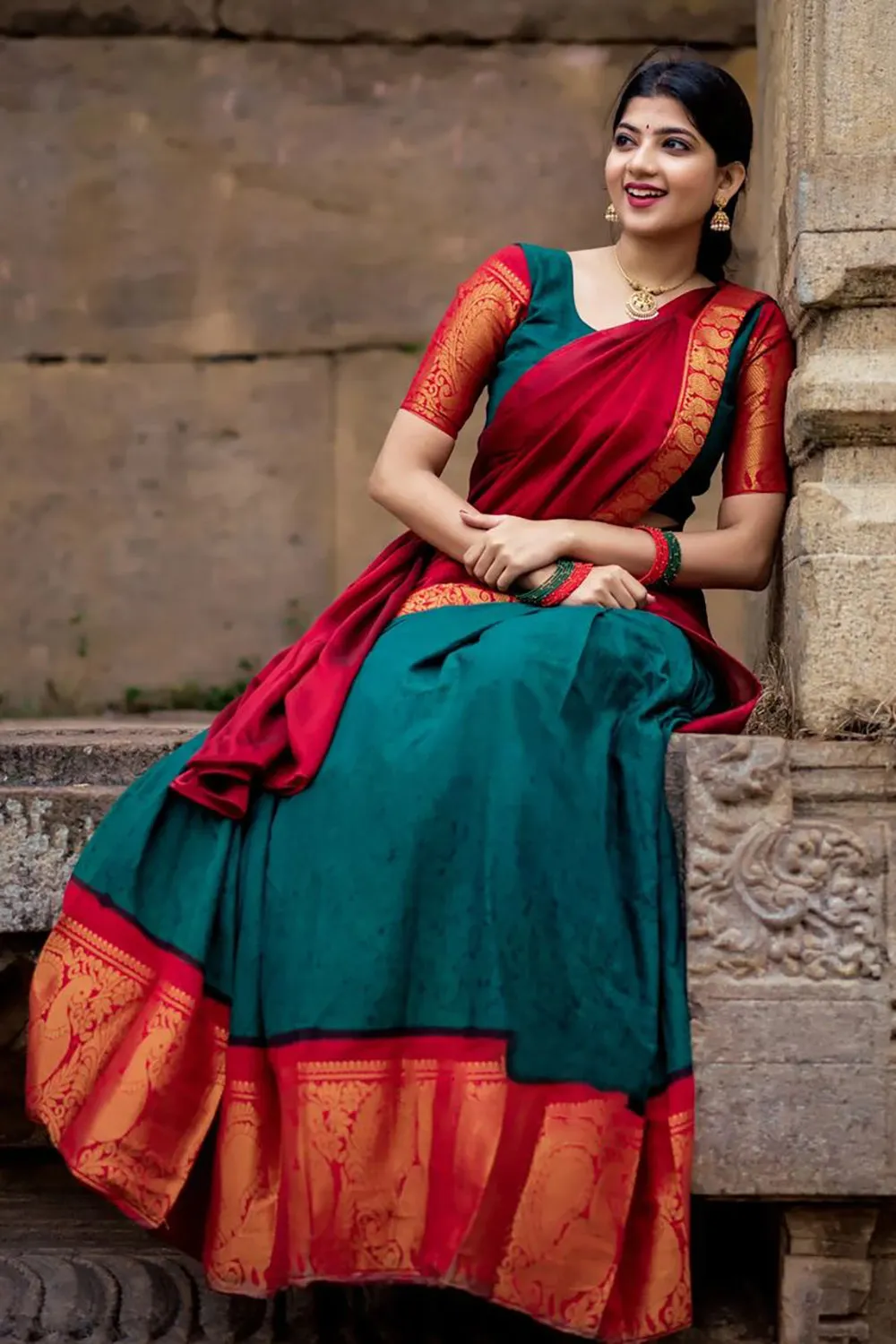 Red & Green Premium Cotton Silk Jacquard Half Lehenga Saree