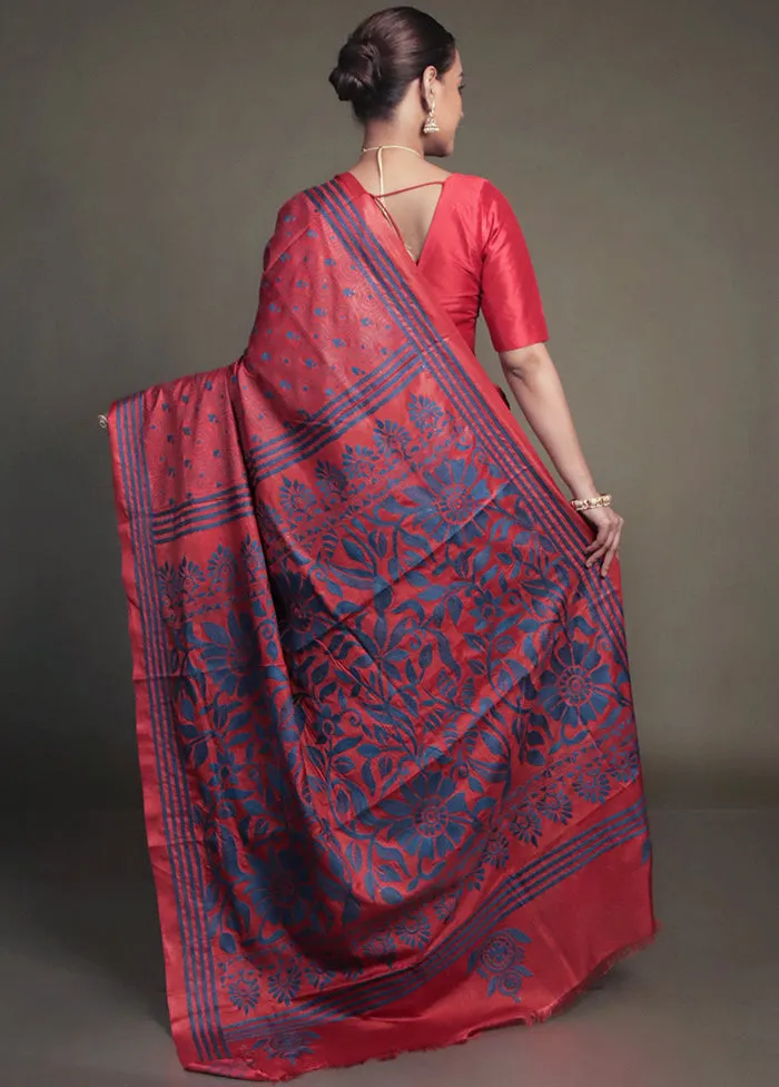 Red Kantha Stitch Silk Saree With Blouse Piece