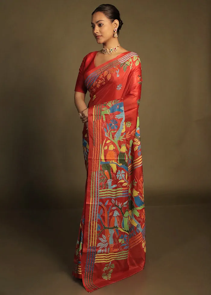Red Kantha Stitch Silk Saree With Blouse Piece