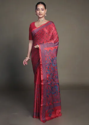 Red Kantha Stitch Silk Saree With Blouse Piece