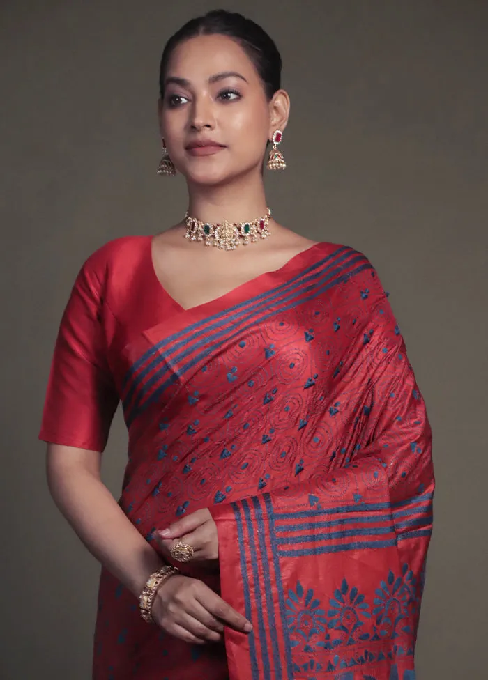 Red Kantha Stitch Silk Saree With Blouse Piece