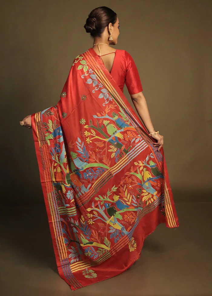 Red Kantha Stitch Silk Saree With Blouse Piece