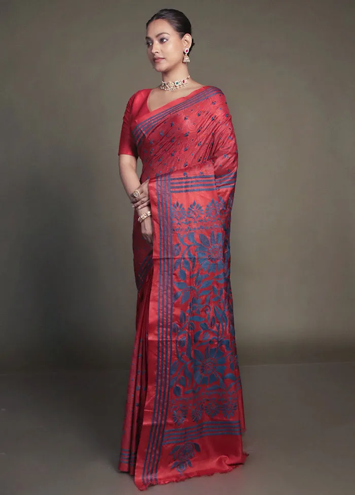 Red Kantha Stitch Silk Saree With Blouse Piece