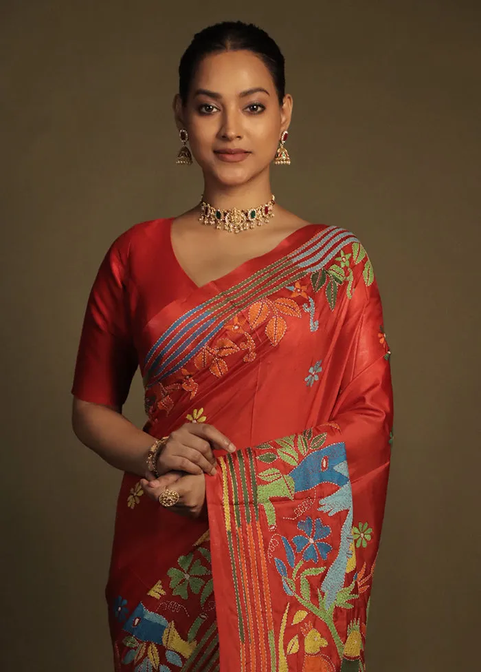Red Kantha Stitch Silk Saree With Blouse Piece