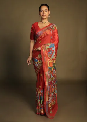 Red Kantha Stitch Silk Saree With Blouse Piece