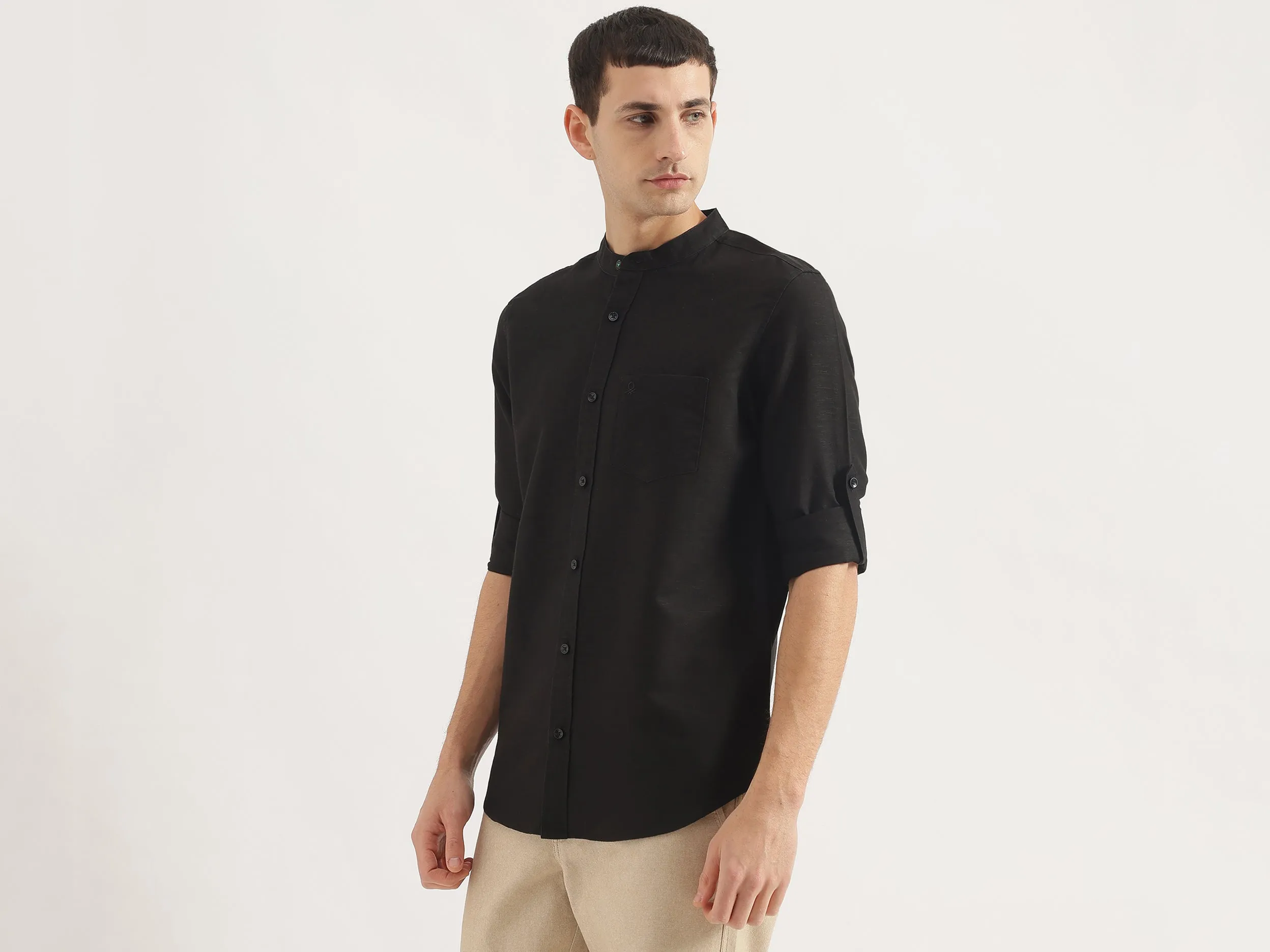 Regular Fit Mandarin Collar Solid Shirt
