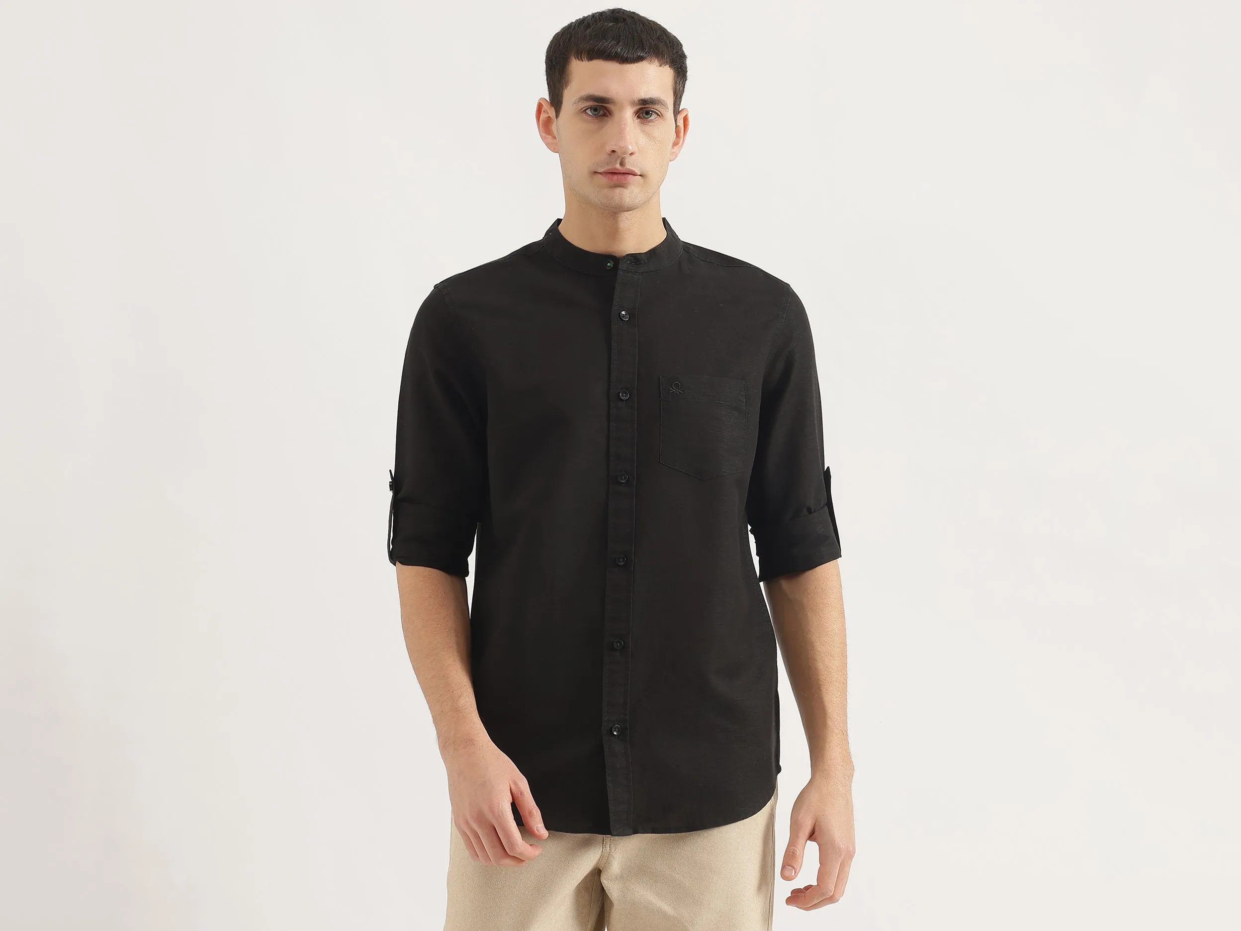 Regular Fit Mandarin Collar Solid Shirt