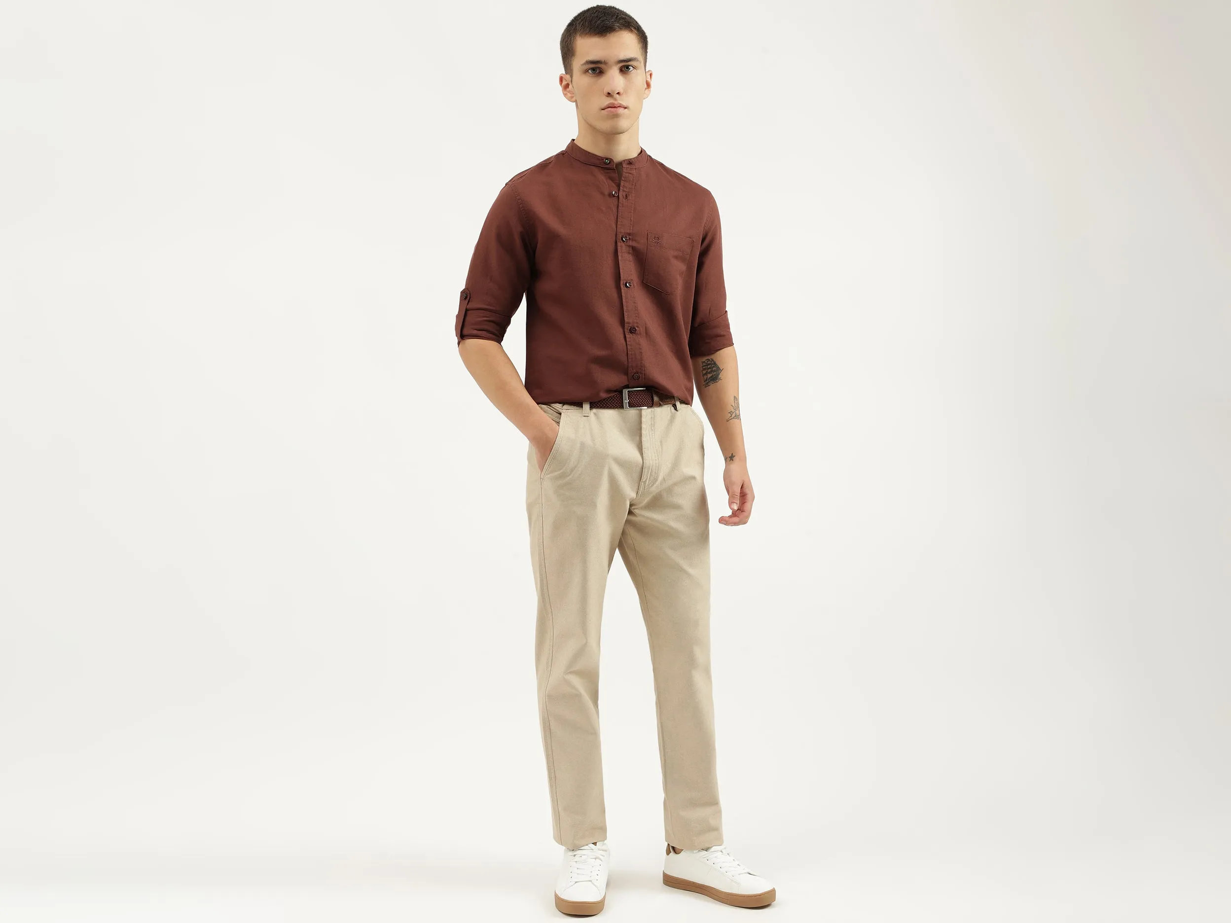 Regular Fit Mandarin Collar Solid Shirts