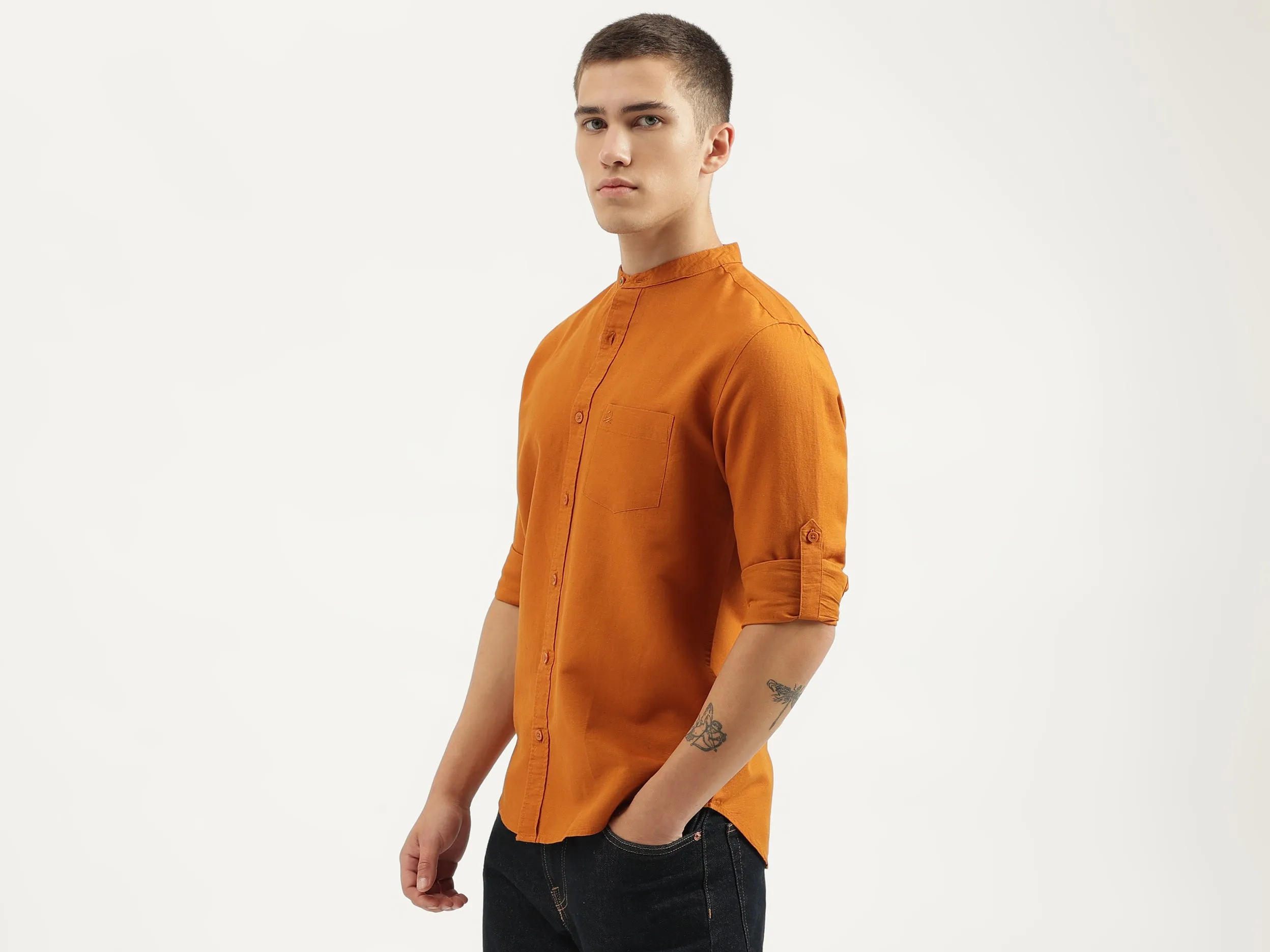 Regular Fit Mandarin Collar Solid Shirts