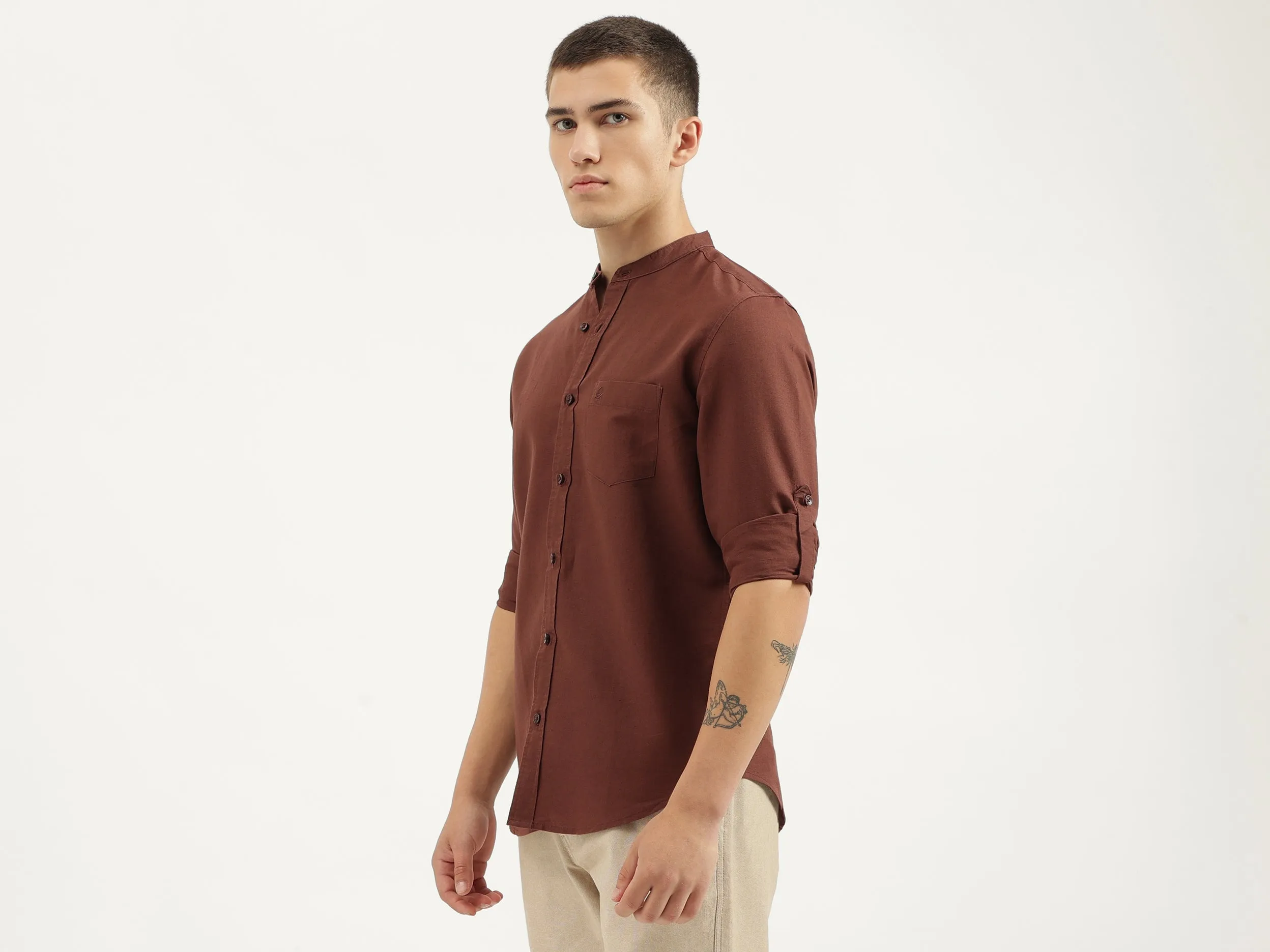 Regular Fit Mandarin Collar Solid Shirts