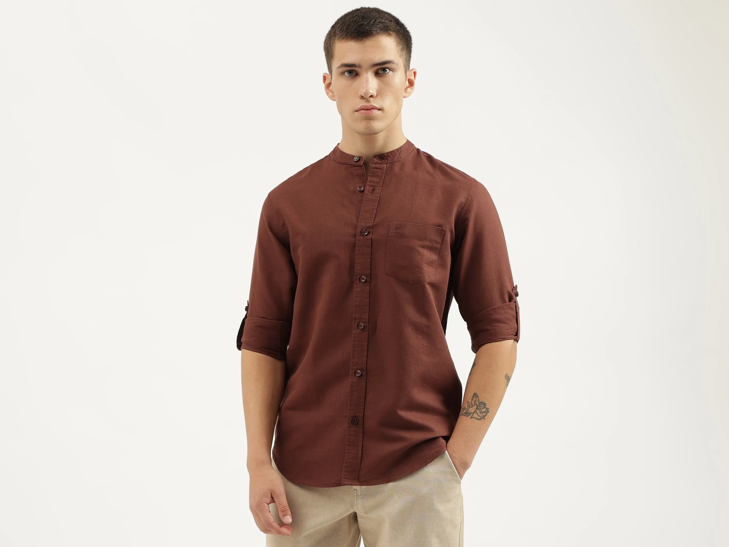 Regular Fit Mandarin Collar Solid Shirts