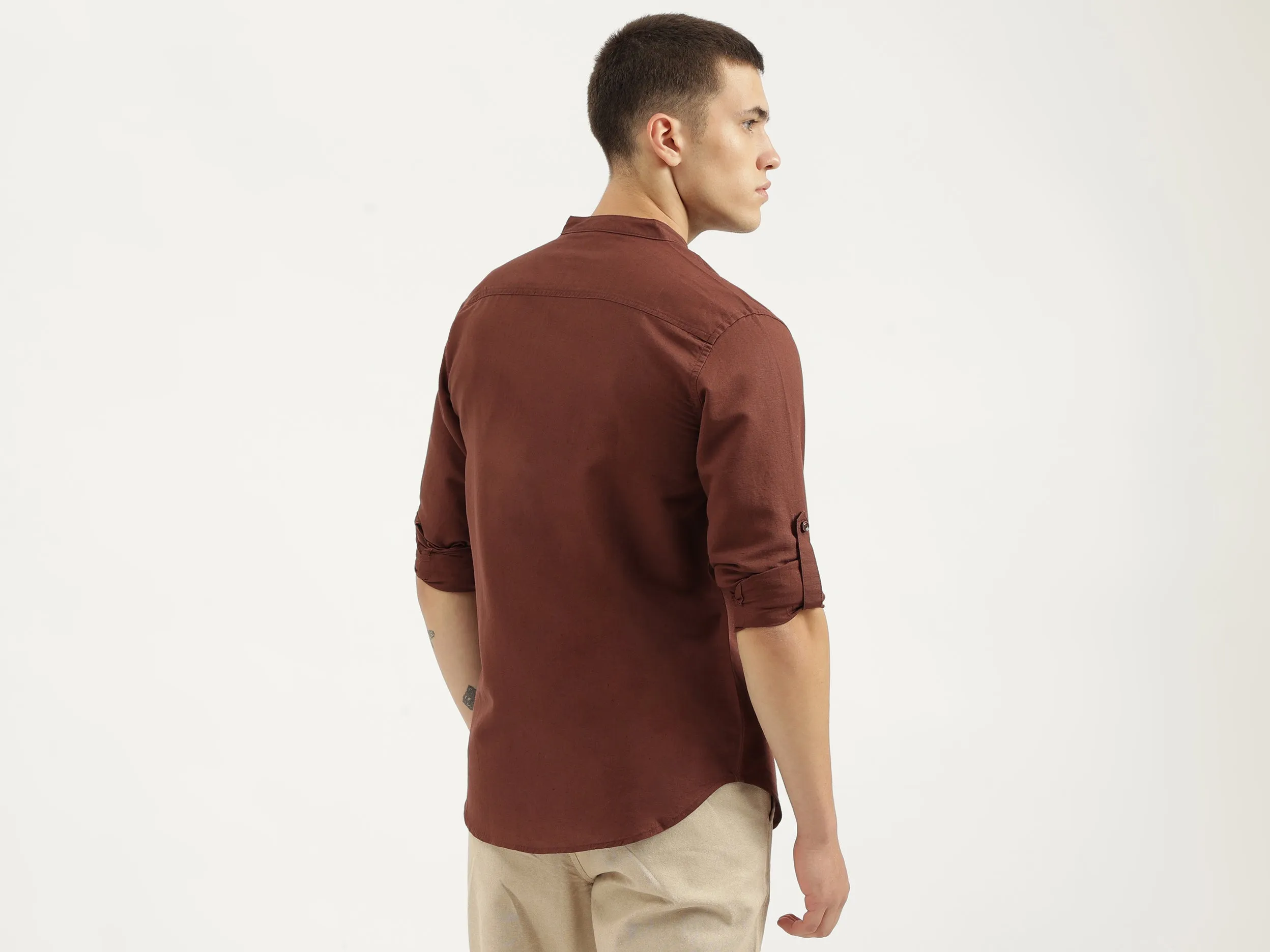 Regular Fit Mandarin Collar Solid Shirts