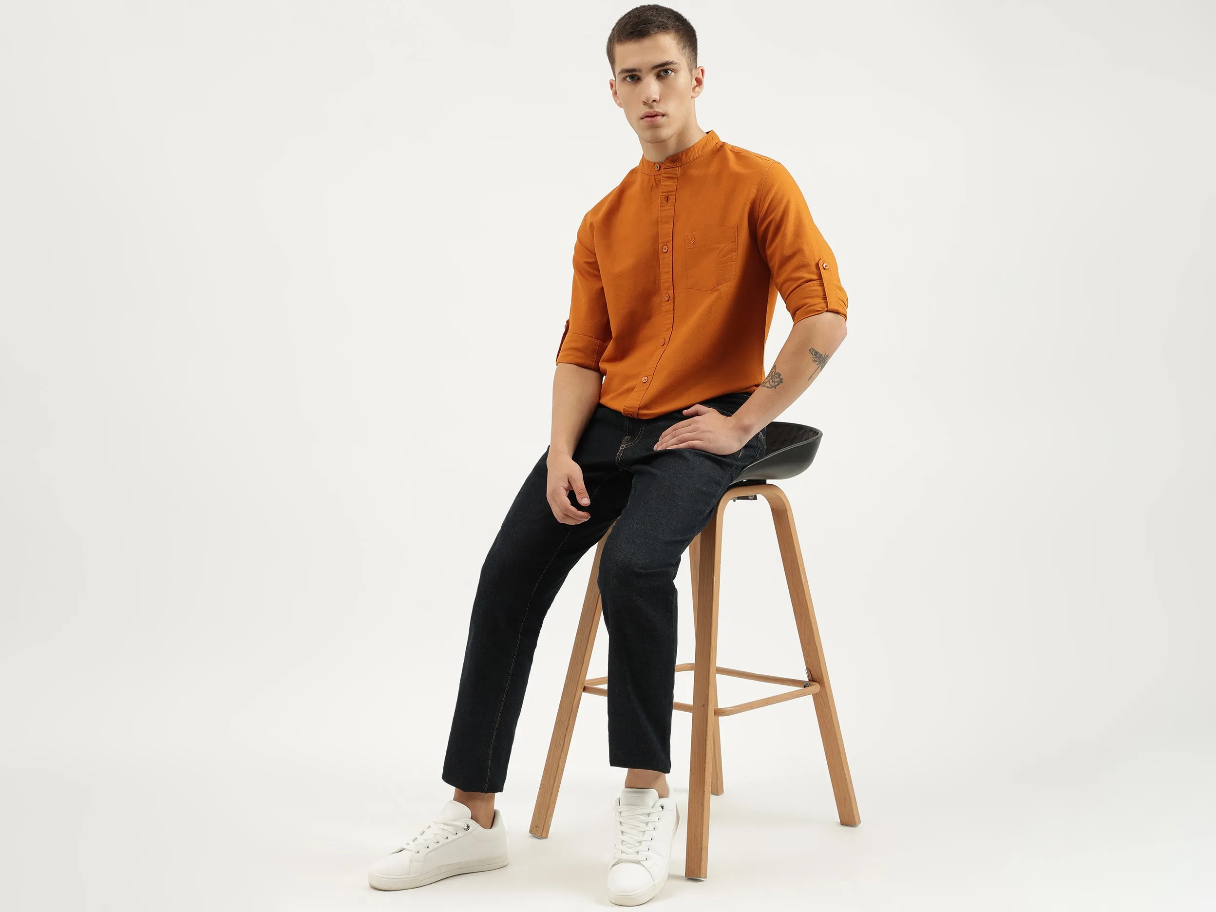 Regular Fit Mandarin Collar Solid Shirts